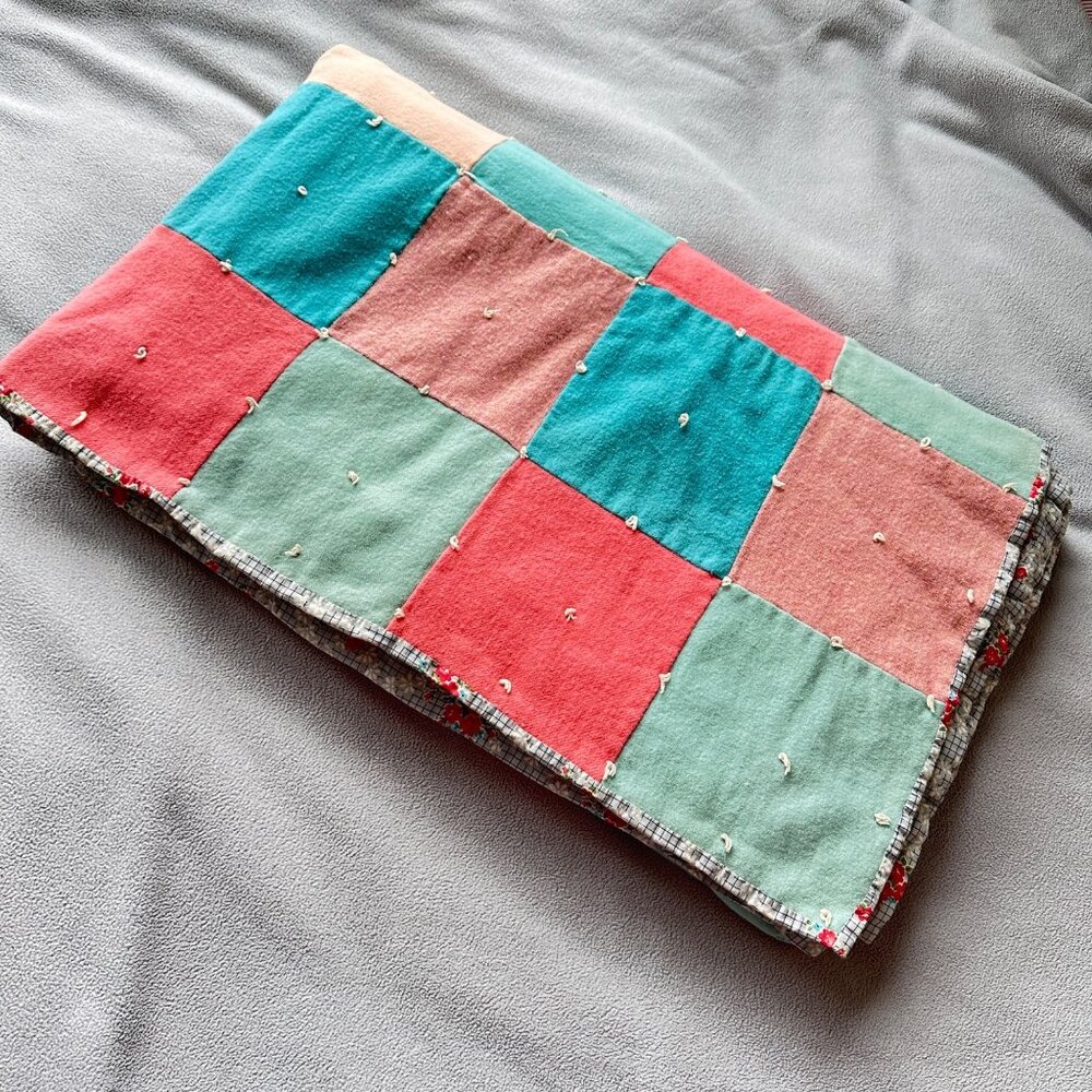 Vtg Quilt Handmade Wool Square Block Wool Cabin Rustic Natural 48x64 Calico Back